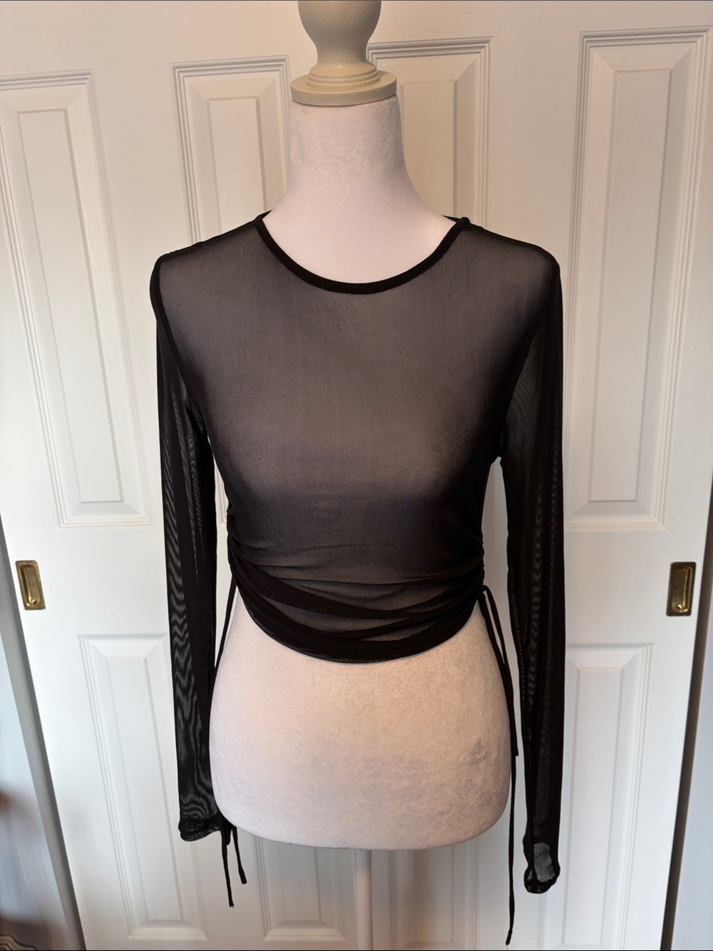Garage Black Sheer Long Sleeve Top with Adjustable Side Ruching